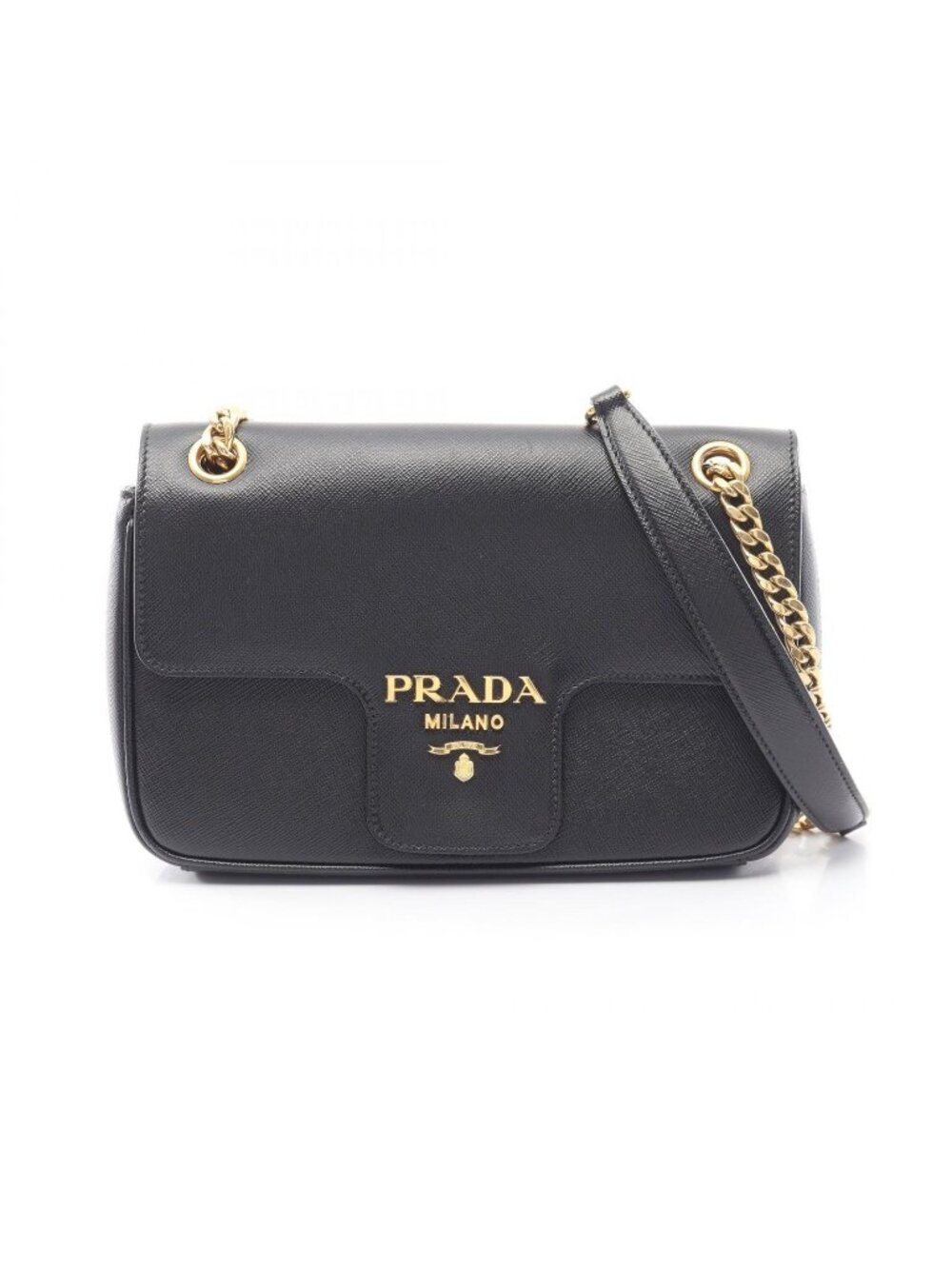 Prada Shoulder Bag Saffiano 1 Black Leather Metal Logo Chain